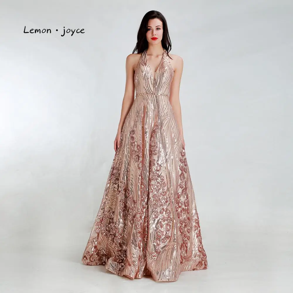 Lemon joyce Formal Gold Evening Dresses Long Sexy V-neck Backless Sequined A-line Prom Party Gowns Plus Size - Цвет: Шампанское