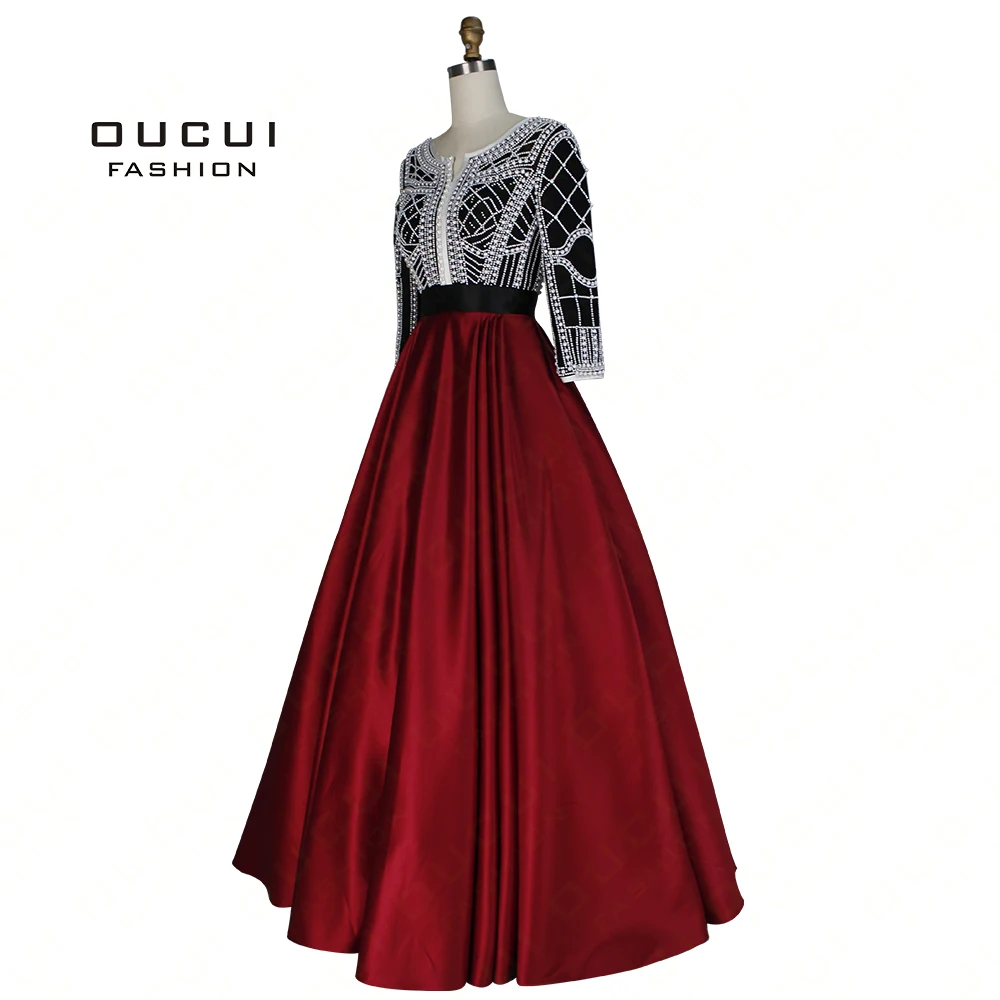 

Pearl Decoration Arabic Ball Gown Muslim Prom Dress 2019 Long Evening Party Burgundy Handmade Three Quarter Sleeves OL103047