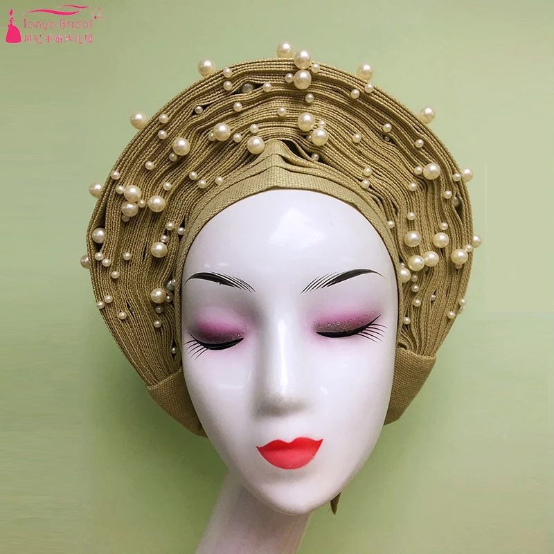 

African Fashion Wedding Hats Pearls Nigerian style headband tie wedding party hair accessory Luxury Headwear ZH053