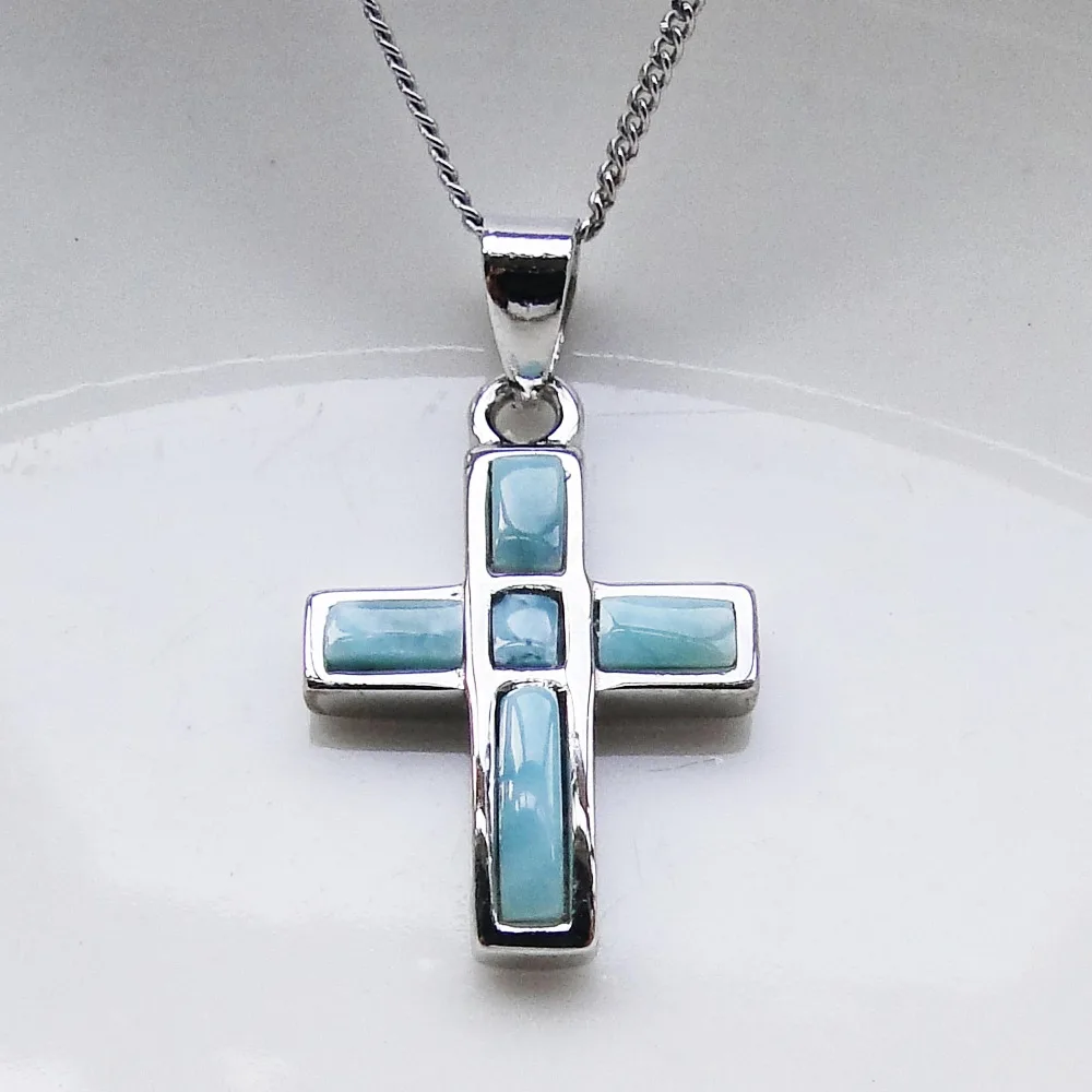 

New Design 100% 925 Sterling Silver Pendants Fine Cross Pendant with Natural Larimar Pendant for man and women without Chain