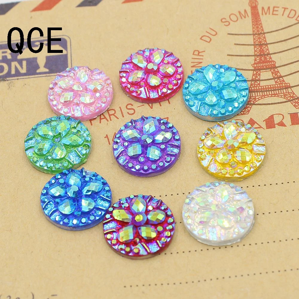 New!Multi 12mm 50pcs AB Color Flatback Flower Resin Round Stone Beads Flatback Resin Rhinestone