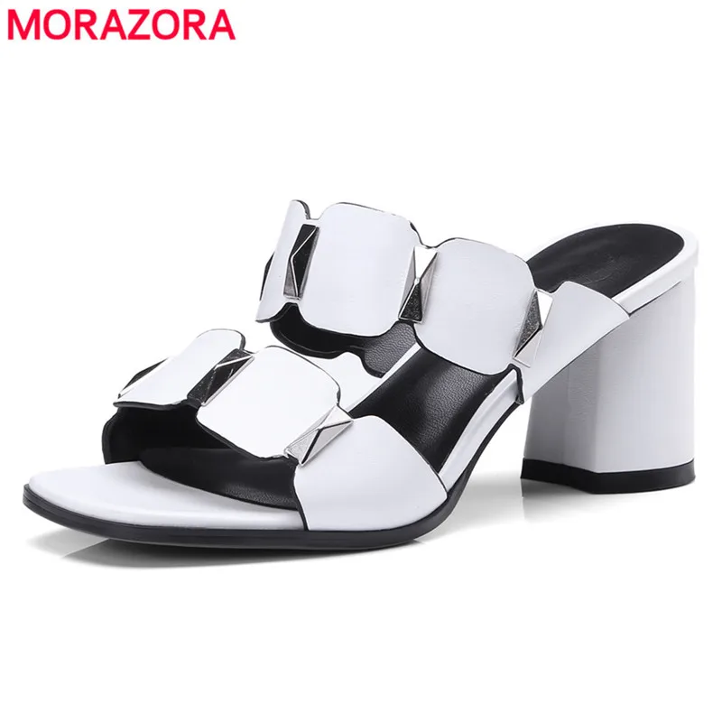 

MORAZORA 2018 genuine leather shoes fashion women sandals summer shoes square high heels wedding shoes