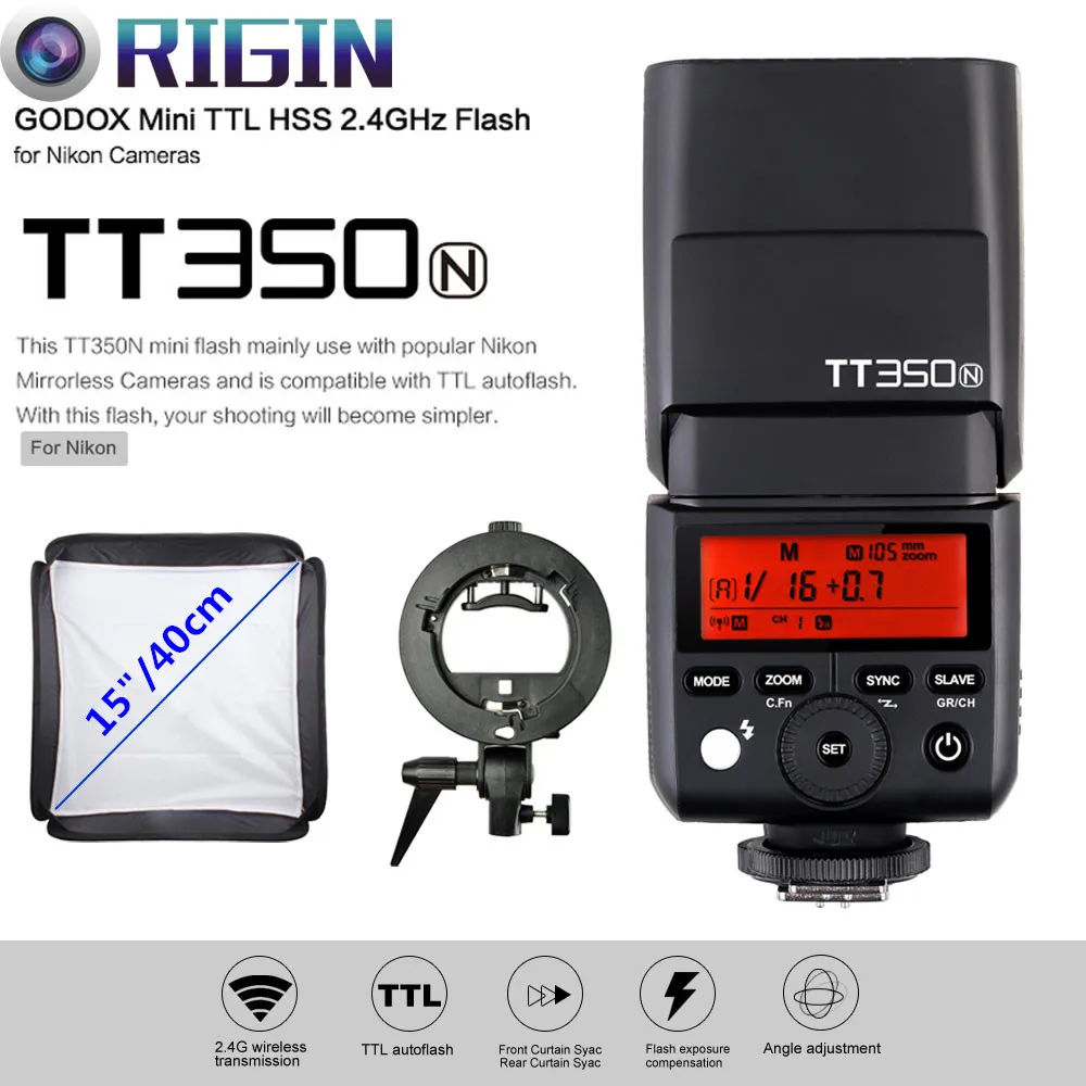 

Godox Mini Speedlite Bulit-in 2.4G wireless i-TTL TT350N High Speed 1/8000s GN36+Godox S-type Bracket+Softbox Kit For Nikon