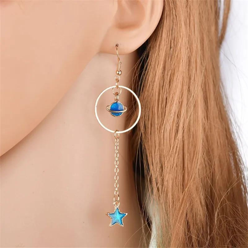 2018 Newest Creative Universe Asymmetric Enamel Earrings For Girl Ear Accessories Cute Moon Star Drop Pendientes Tassel Brincos - Image 2