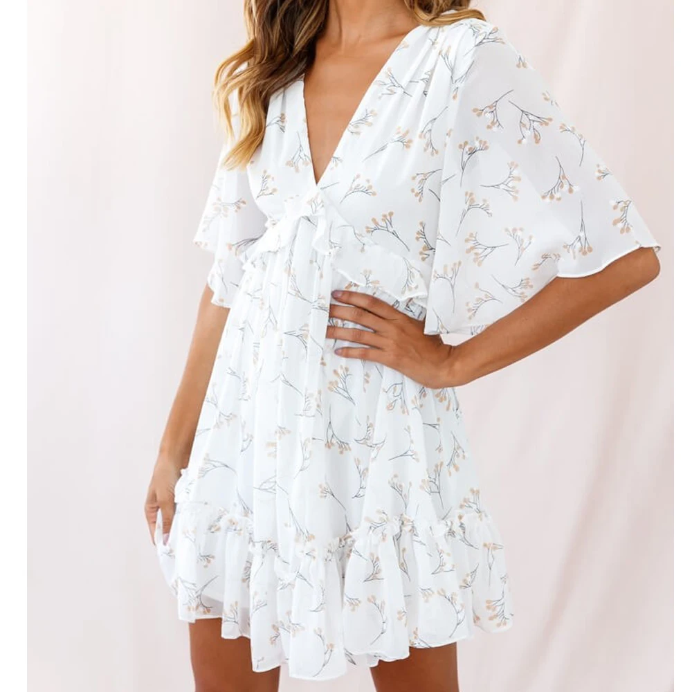 

Tosheiny 2019 Women Summer V Neck Half Sleeve Floral Print Dresses Female Backless Mini Elegant Dress DM0206