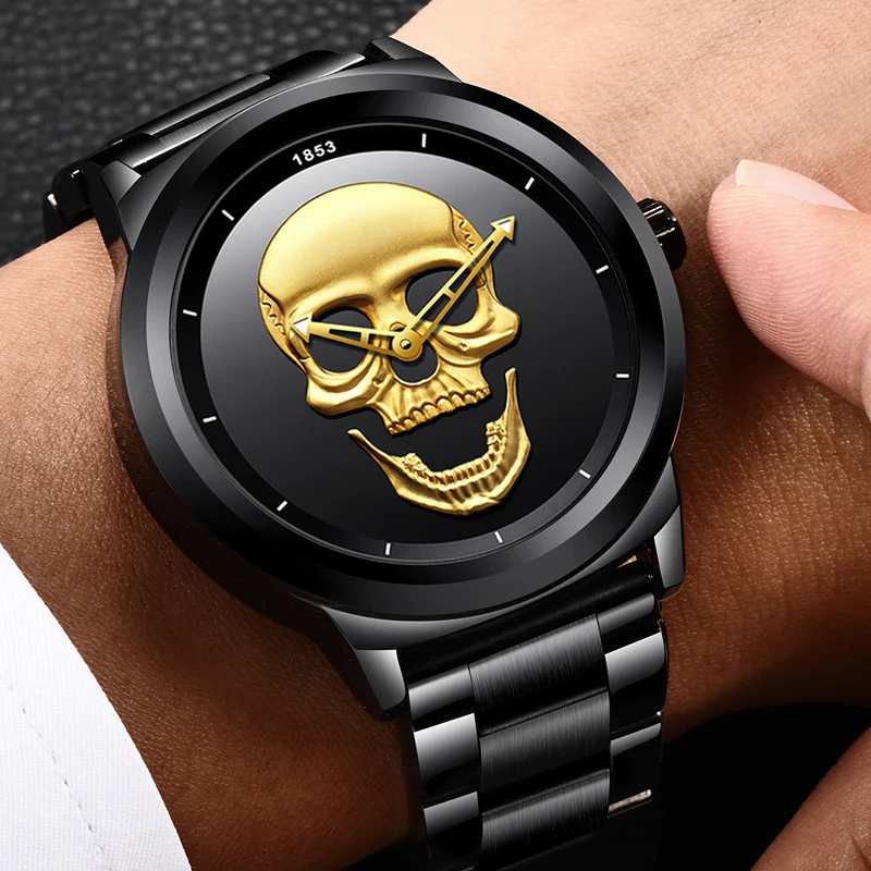 Relogio Masculino LIGE Mens Watches New Skull Watch Men's Military Sports Watch Men Waterproof Stainless Steel Gold Quartz Clock