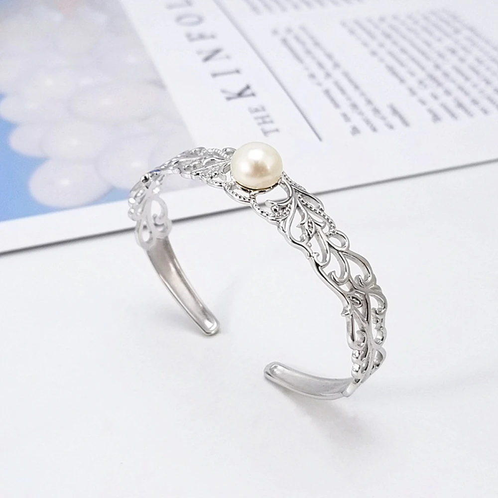 

Luxury S925 Sterling Silver Openwork Pattern Bangle Natural Pearl Bracelet Woman Oyster Pearl Bracelet Mounts Fit 8-10mm Bead