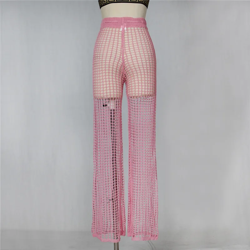 Adogirl Women Beach Flare Pants Solid Knitted Hollow Out Fishnet Wide Leg Pants High Waist Lace Up Sashes Night Club Trousers