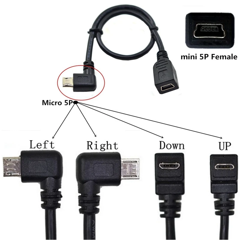 0,25 м 90 градусов вправо влево вверх вниз под углом Micro USB 2,0 мужчина к Mini USB 5pin Женский OTG кабель-удлинитель данных 25 см micro-USB