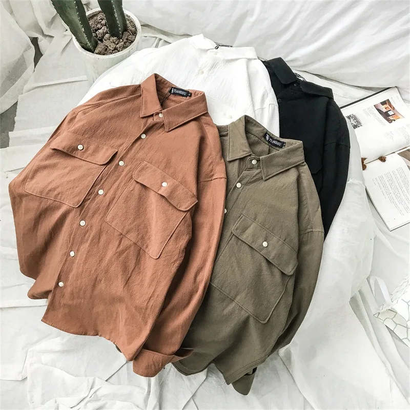 Мужская Весенняя Осенняя Модная брендовая Корейская стильная винтажная хлопковая рубашка с большим карманом и длинными рукавами, мужские повседневные однотонные рубашки
