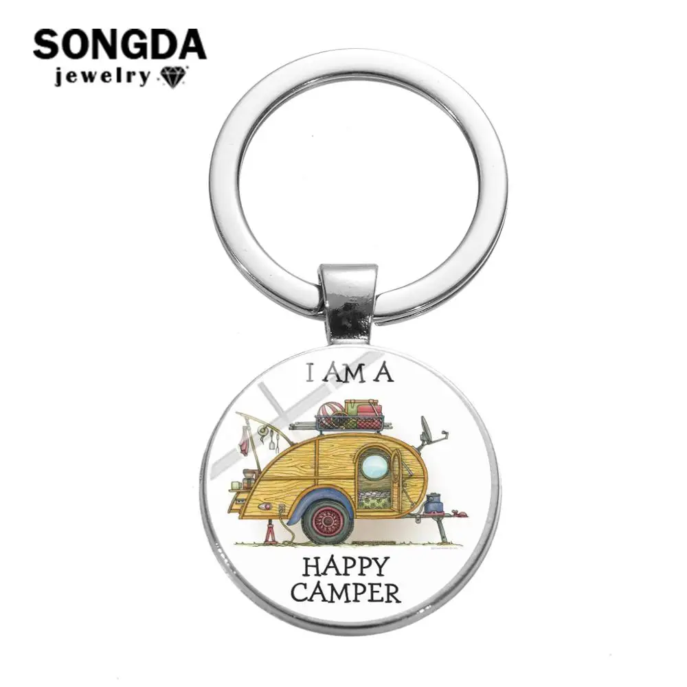 

SONGDA Happy Camper Keychain Touring Car Key Chain I Am A Happy Camper Quote Printed Glass Cabochon Key Ring Bag Charm Trinkets