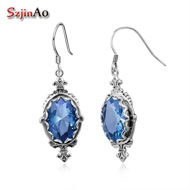 

Szjinao Unique Retro Personality 925 Sterling Silver Earrings Blue Topaz Women Vintage Handmade Fine Jewelry For Best Friends