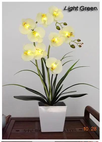 9 светодиодный светильник на батарейках, Орхидея Фаленопсис в горшке, цветок орхидеи, бонсай, украшение для праздника, свадьбы, дома, подарок на день рождения - Цвет: Light Green