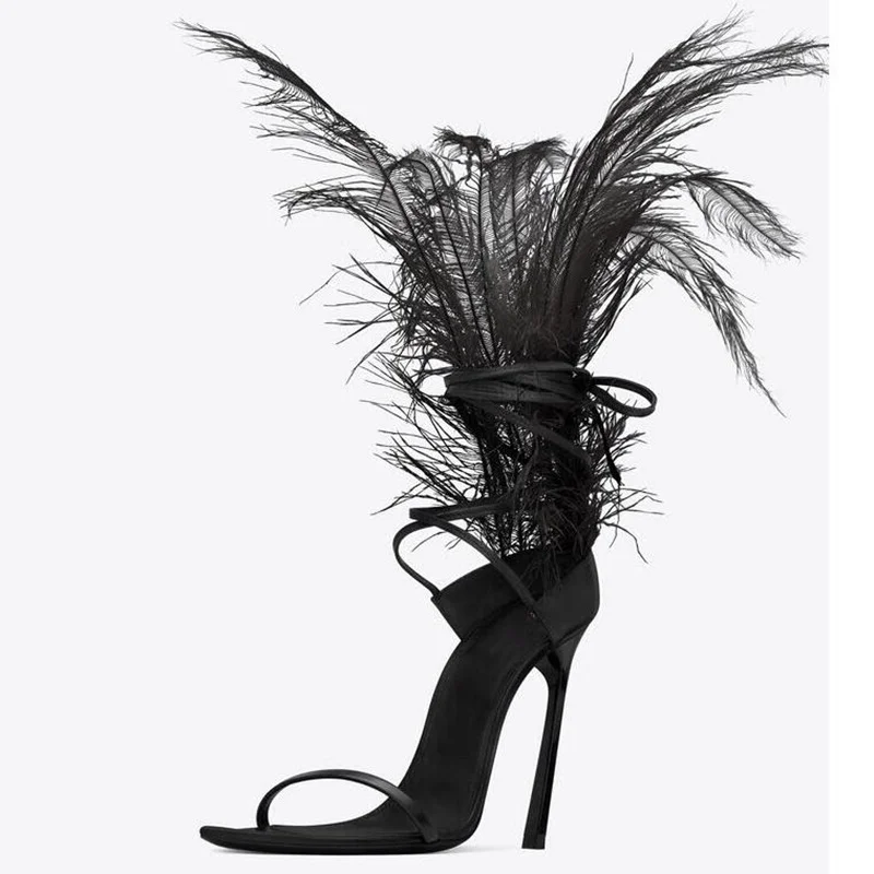 

Fashion Feather One Front Thin Strappy Sandals Black Leather Ankle Strap Sandalias Feminina High Heels Ladies Valentine Shoe