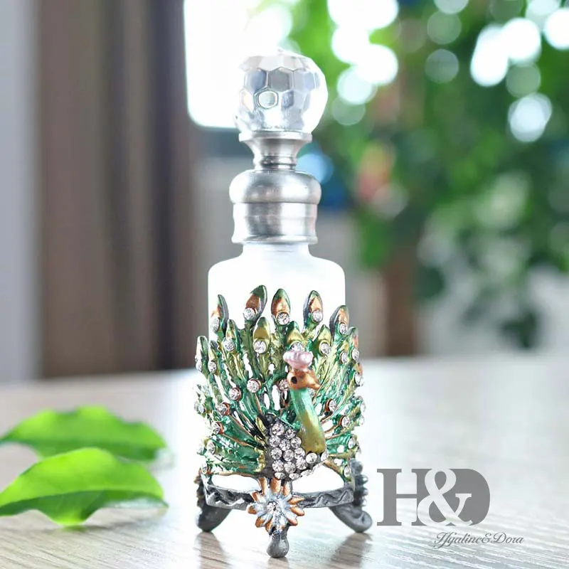 H & D خمر الزجاج العطور زجاجة w/بيوتر الطاووس تمثال المثمن شكل مجوهرات متجمد 25 ملليلتر المعطرة العطر حاوية