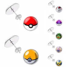 1 Par 2018 New Best Selling Mulheres Jóias Presentes Moda Brincos Cabochão De Vidro Redonda de Metal Pokemon Ir Orelha Parafuso Prisioneiro brincos