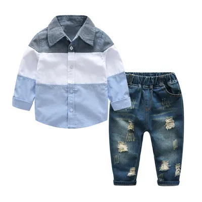 Одежда для маленьких мальчиков 3 цвета, Лоскутная рубашка+ джинсы, комплект для детей от 2 до 7 лет осенний костюм для мальчиков комплект детской одежды на пуговицах - Color: as show