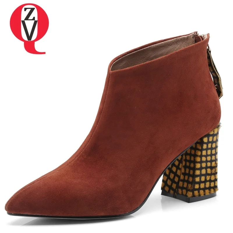 

ZVQ new fashion pointed toe zip high sqaure heel mixed colors kid suede large size winter warm ankle boots outside women shoes