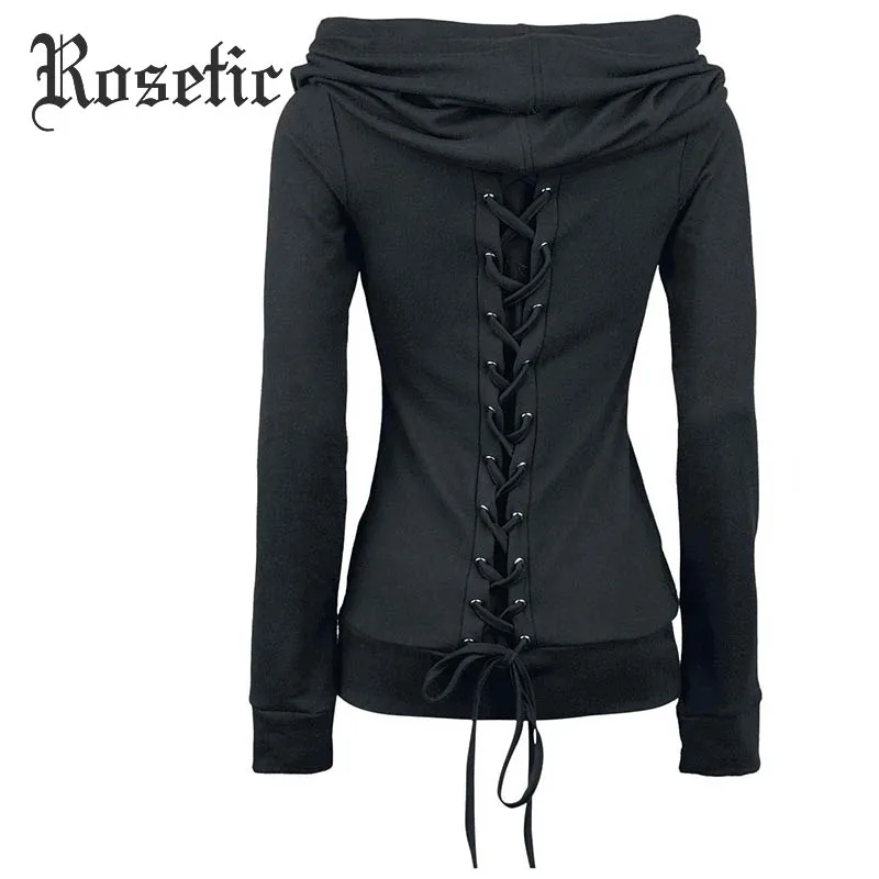 Tanie Rosetic Gothic Lace up Czarny Pełna Rękaw Jesień Kobiety Moda Bandaża Casual Bluzki Bluzy Z Kapturem