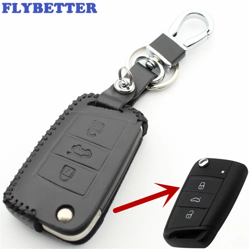 

FLYBETTER Genuine Leather 3Button Flip Remote Key Case Cover For Vw Golf7/GTI/MK7 For Skoda Octavia/A7 Car Styling L2198