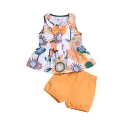 Летняя одежда без рукавов с милым принтом и оборками для новорожденных девочек + шорты комплекты одежды из 2 предметов