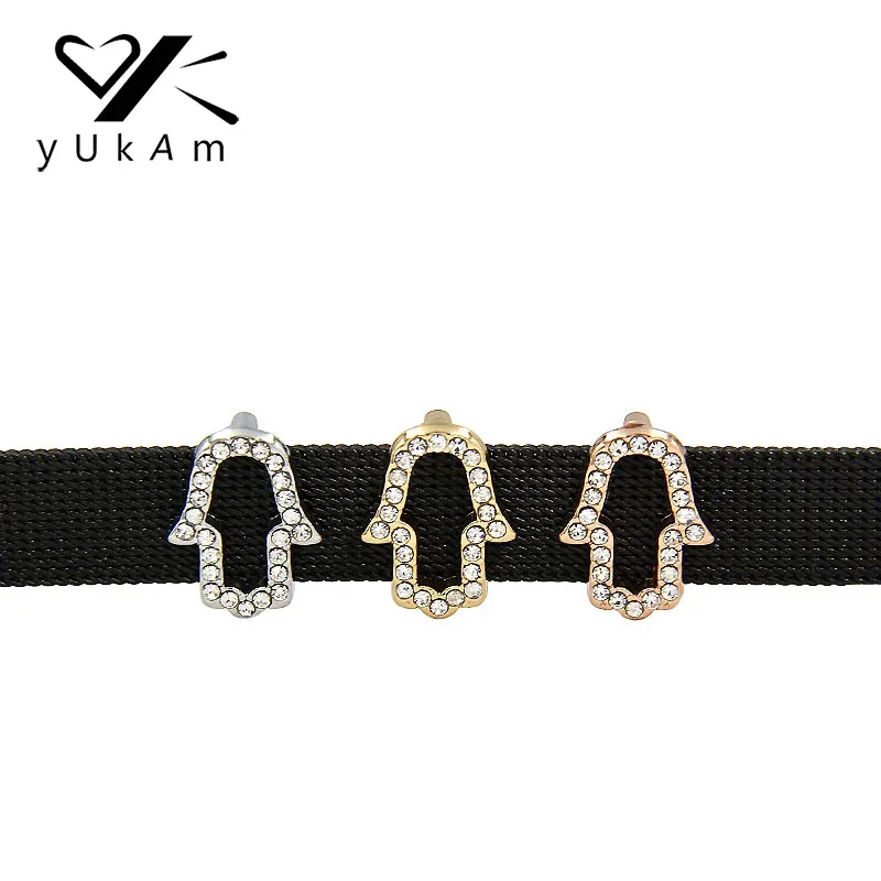 

YUKAM Hollow Crystal Slider Silver Rose Gold Rhinestones Fatima Hamsa Hand Slide Charms Keeper for Mesh Bracelets Jewelry Making