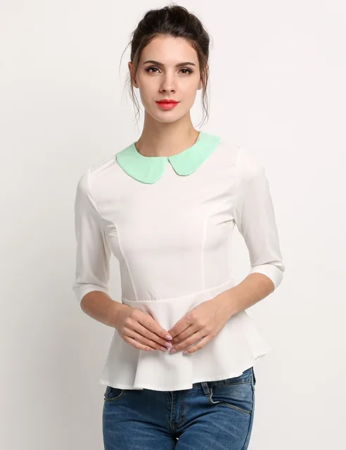 Women Peter Pan Collar 3/4 Sleeve High Waist Slim Blouse Tops Fashion ...