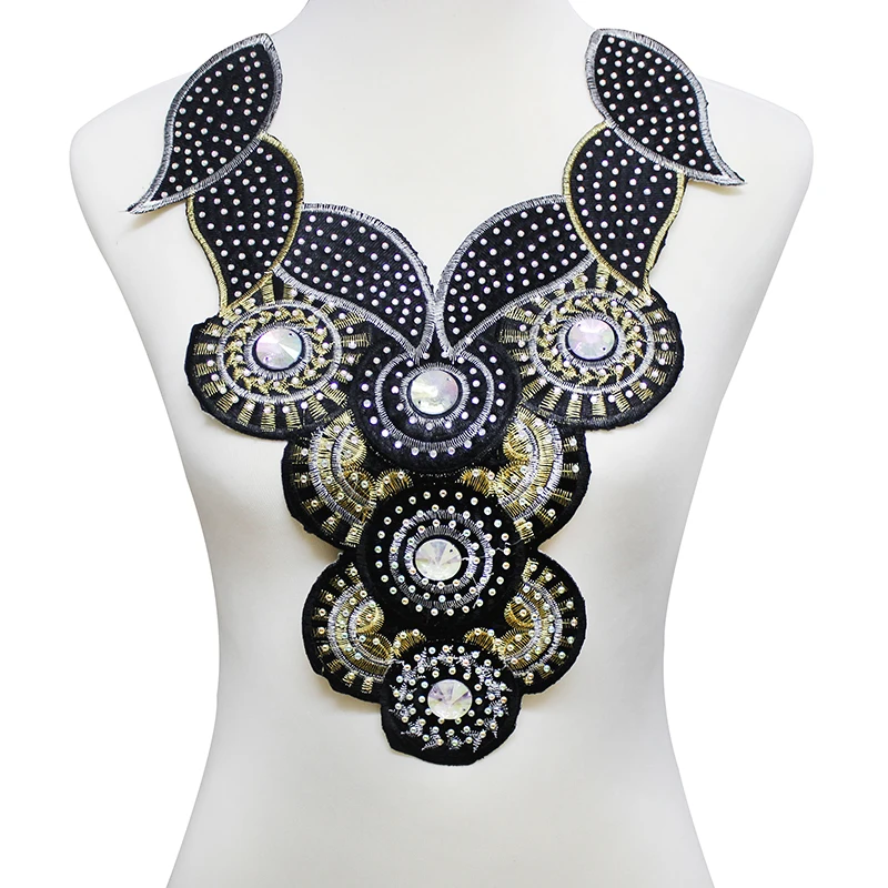 5piece Black Gold Beaded Rhinestones Lace Collar Applique Patches Iron
