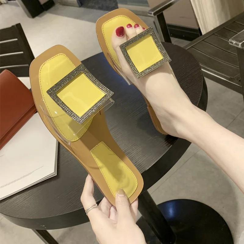 

Crystal Women Transparent Slippers Summer Flat Jelly Slides Metal Square Buckle Open Toe Female Outdoor Slip On Beach Shoes 2019