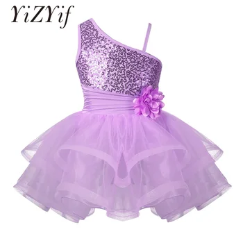 

YiZYiF Kids Girls Ballet Dress One-Shoulder Design Sequins Tutu Dress Flower Girls Ballet Dance Gymnastics Leotard Tutu Dress