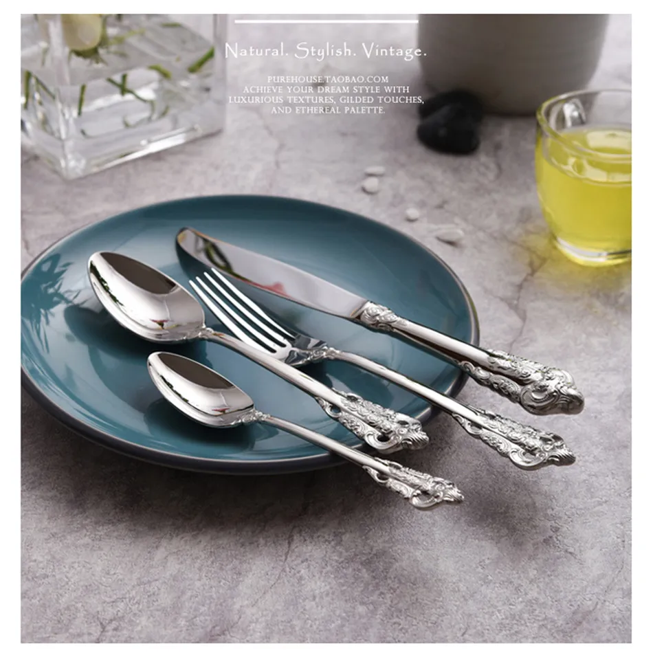 Dinnerware Set Stainless Steel Cutlery Set Silver Embossed Hollow Knife Fork Tableware Cutleries European Western Food Set 4 Pcs (8)