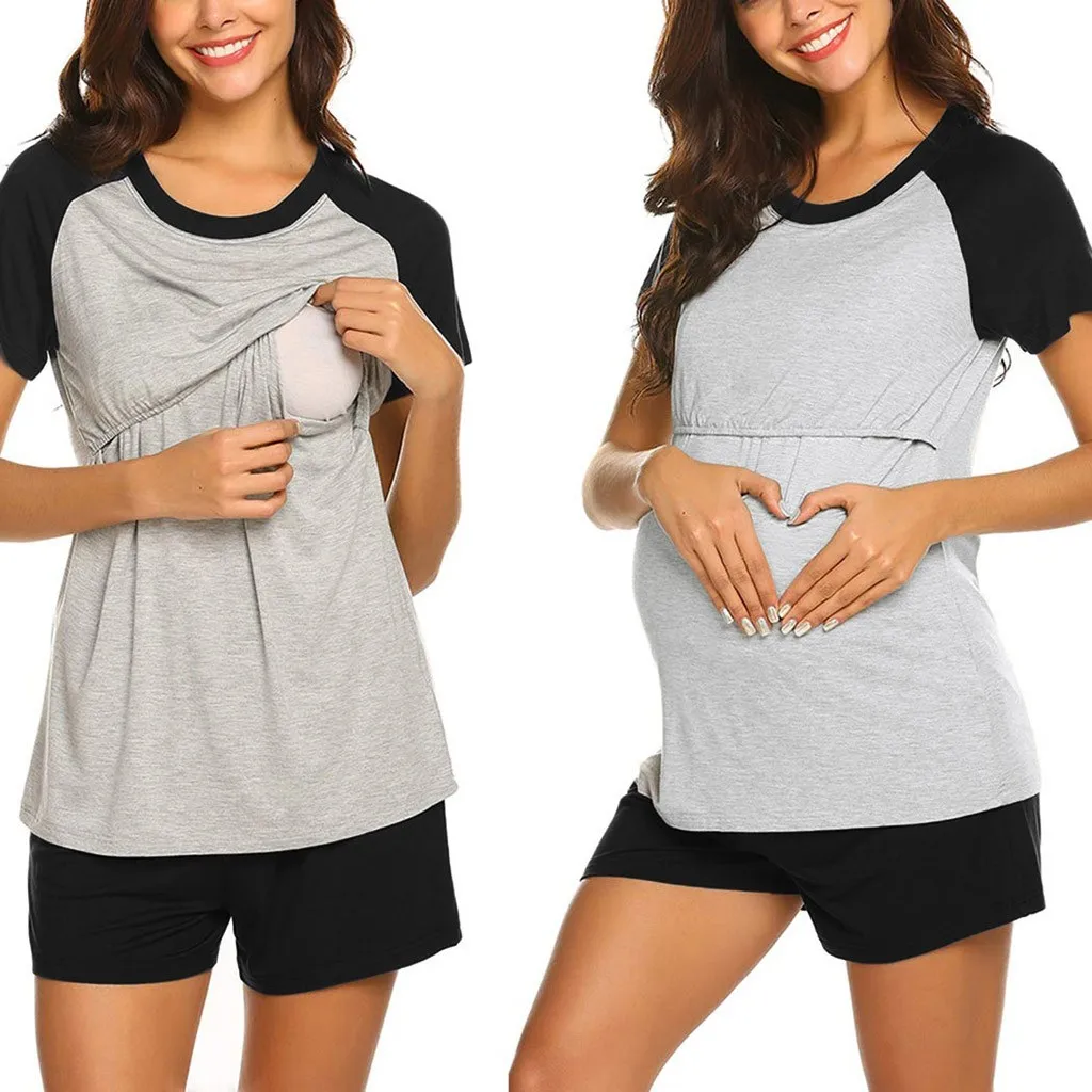 

Hillsionly maternity clothing 2019 2PCS Women Set Maternity Short Sleeve Nursing Baby Tops T-shirt+Shorts Pajamas Set