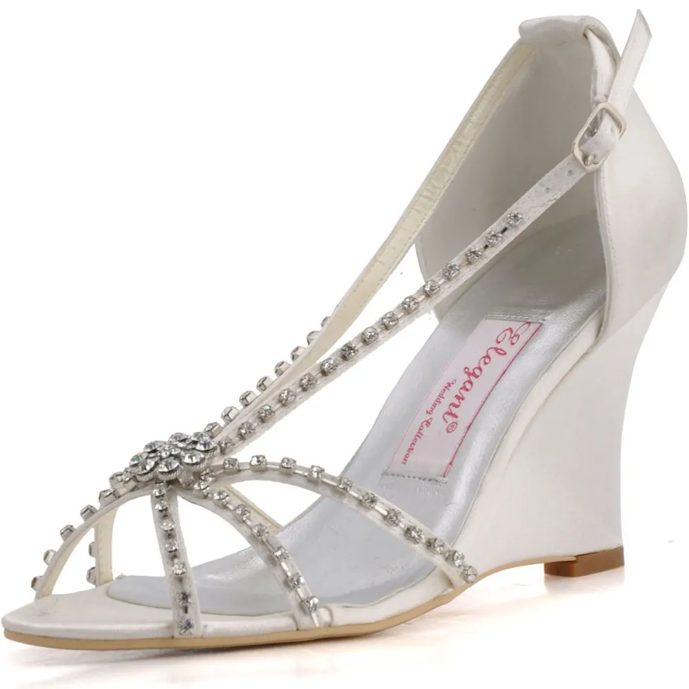 

MC-023 White Ivory Women Summer Sandals Bride Prom Party Wedge Heels T-strap Satin Wedding Evening Dress Shoes Silver