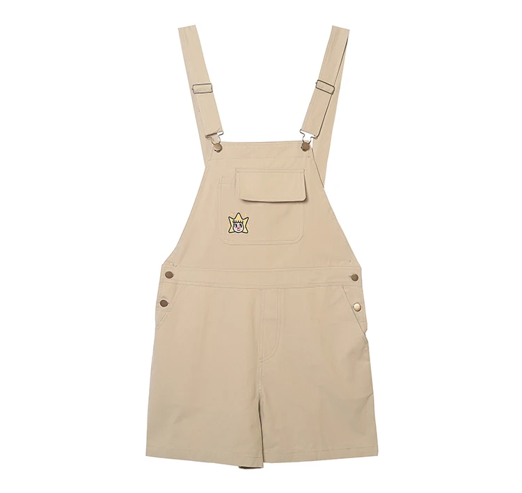 Summer New Kawaii Playful Cartoon Embroidery Khaki Strap Shorts For Women Ladies Overalls Cotton