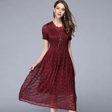 2017 New Summer Women Lace Mesh Elastic Pleated Long Dresses Tunic Dress Elegant Party Plus Size Woman Clothing Black Red Green