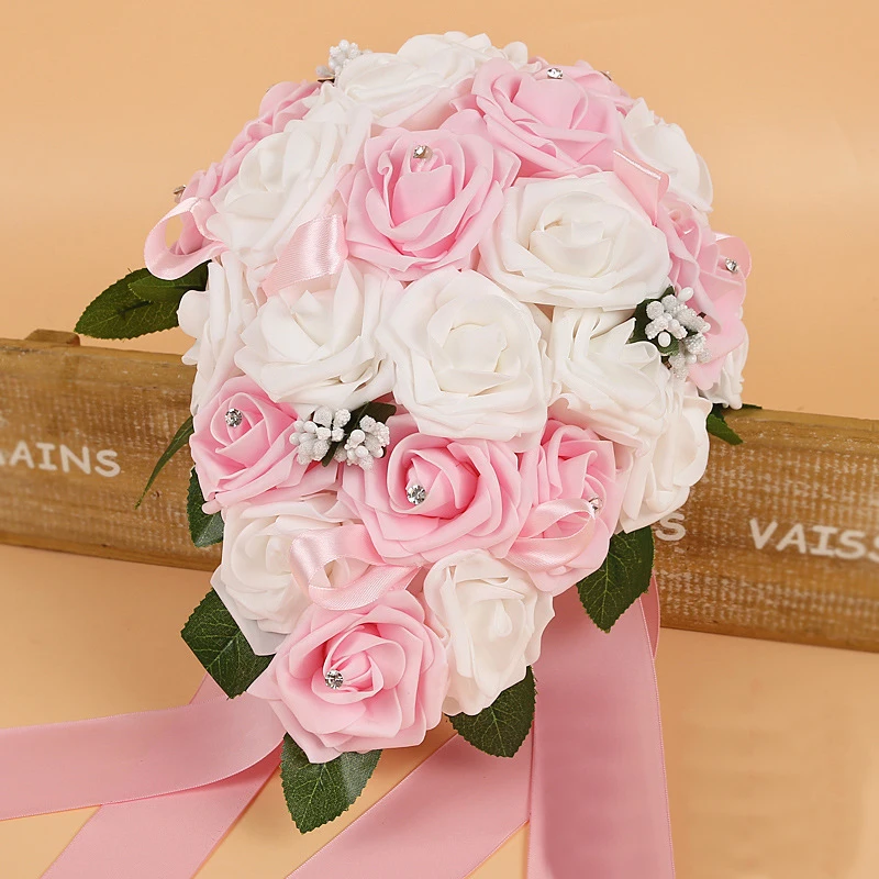 

Crystal Bridesmaid Bridal Bouquets Rose Artificial Foam Flower Handmade Water Drop Shaped Wedding Bouquet 2018 New Hot Sale