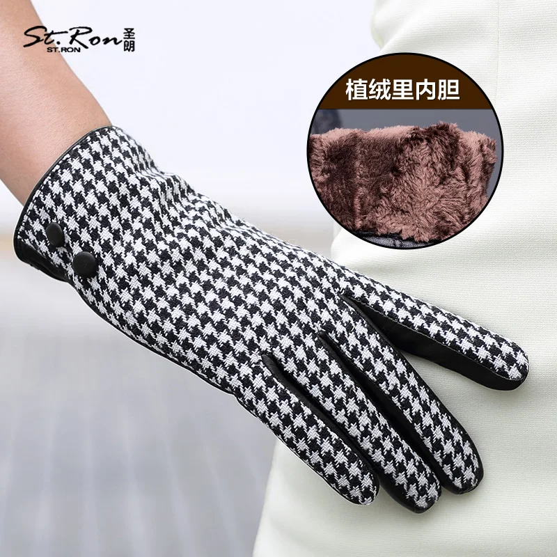 Houndstooth genuine leather gloves female sheepskin gloves sheepskin woolen gloves st6081