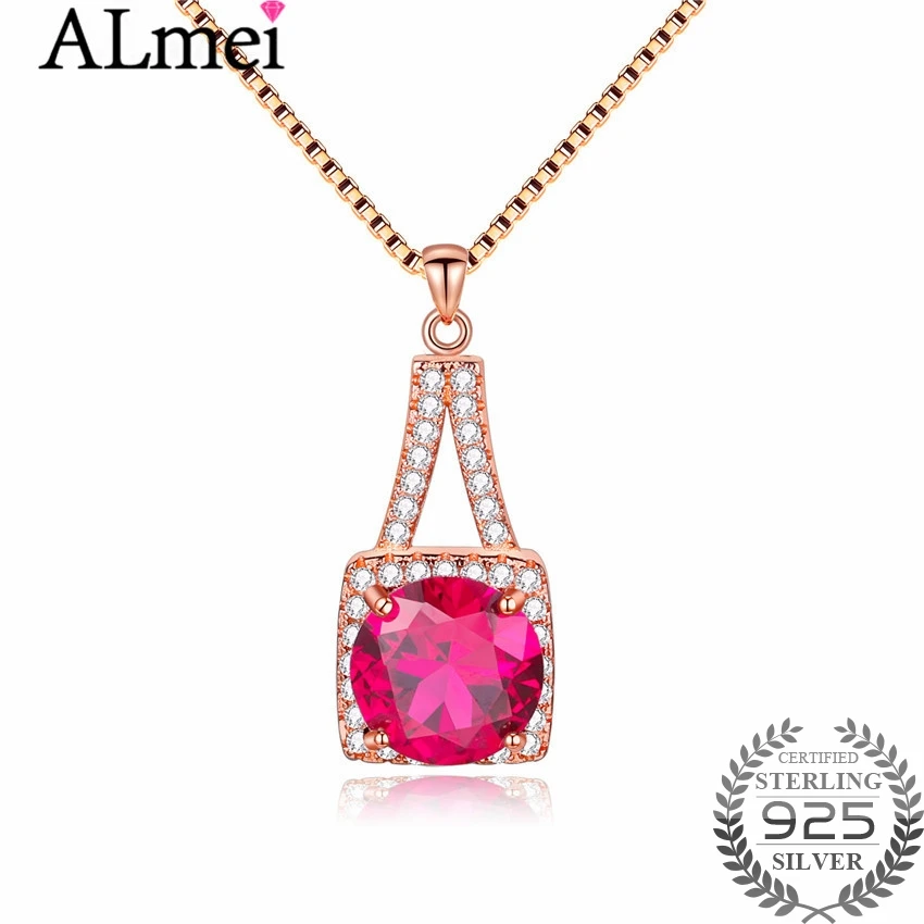 

Almei Genuine Silver 925 Red Corundum Rhinestone Pendant Rose Gold Color Zircon Necklaces for Women Birthday Gift Free Box CN039