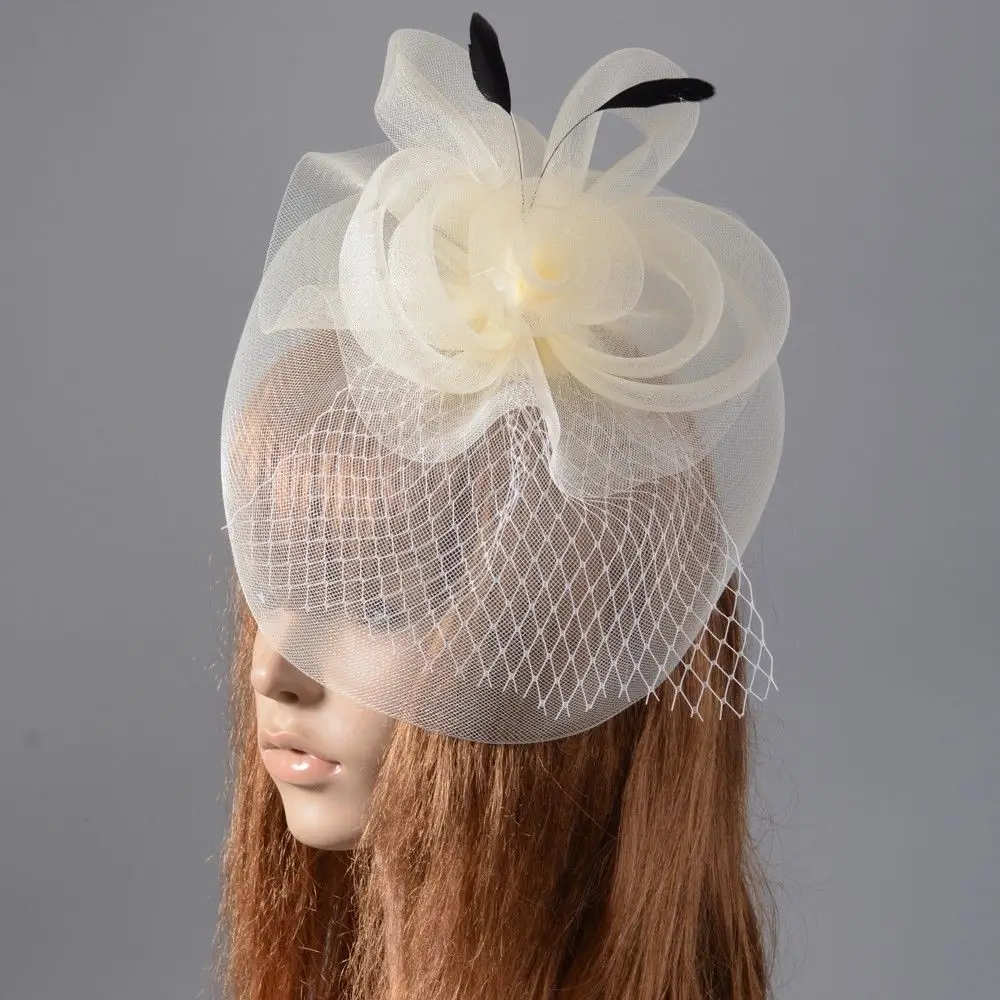 

2018 Face Veil Bride Headwear Ivory Flower Hair Fascinator Clip Royal Ladies Derby Party Floral Feather Wedding Mesh Headpiece