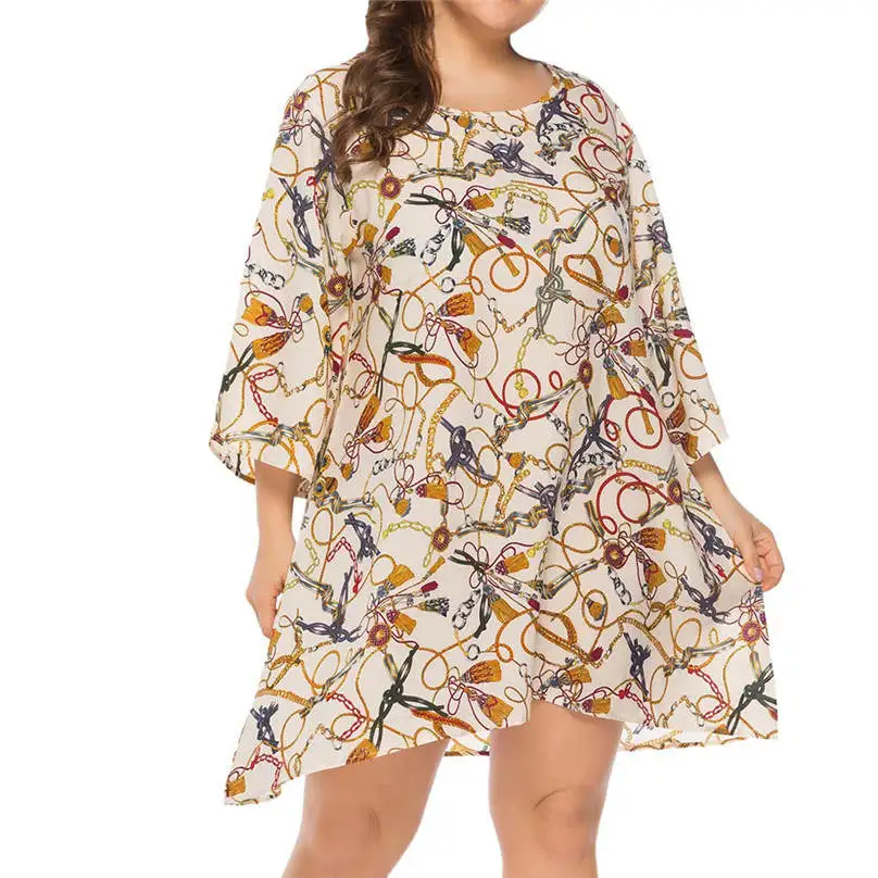 

5XL Plus Size Women Dresses Three Quarter Loose Print Dress Summer O-Neck Casual Large Size Dresses New vestido largo verano 4EM