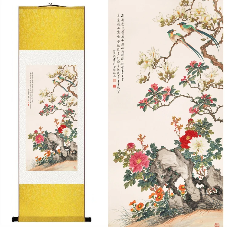 

Traditional Chinese Silk watercolor flower birds Magnolia peony ink feng shui canvas wall picture damask framed scroll painting
