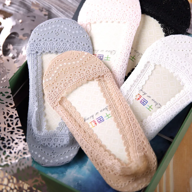 

Floral Hollow Out Womens Summer Socks Japanese Low Cut Lace Invisible Boat Sock Female Non-slip Silicone No Show Socks Meias