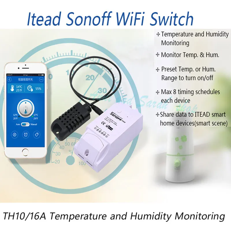 Sonoff TH 10A Smart Wifi անջատիչ ջերմաստիճանի խոնավության մոնիտորինգ Smart խելացի Smart տան անջատիչը աշխատում է Alexa Google- ի հետ