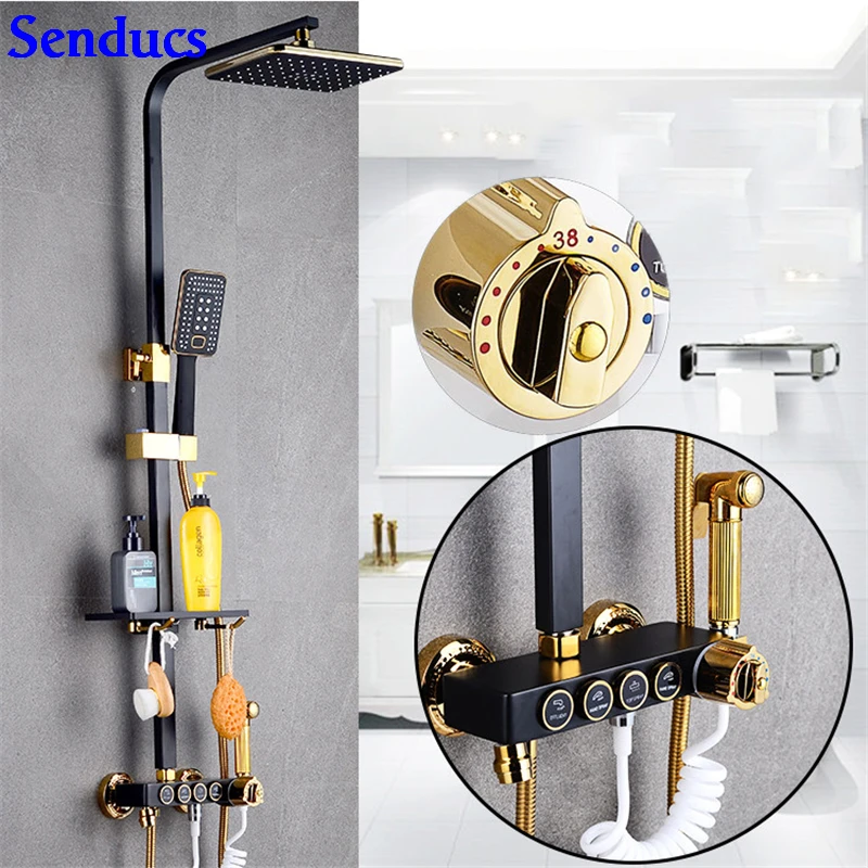 

Senducs Black Gold Thermostatic Shower Set European Style Black Gold Bathroom Faucet Rain Top Shower Quality Brass Shower Set