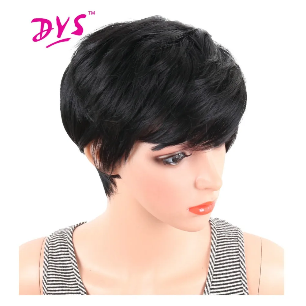 Deyngs Pixie Cut Pendek Lurus Sintetis Wig Rambut Alami Wig Dengan Poni