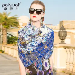 POKWAI 100% Шелковый цветочный женский шарф 2018 Высокая мода 140 см * 180 см печать шарфы шаль
