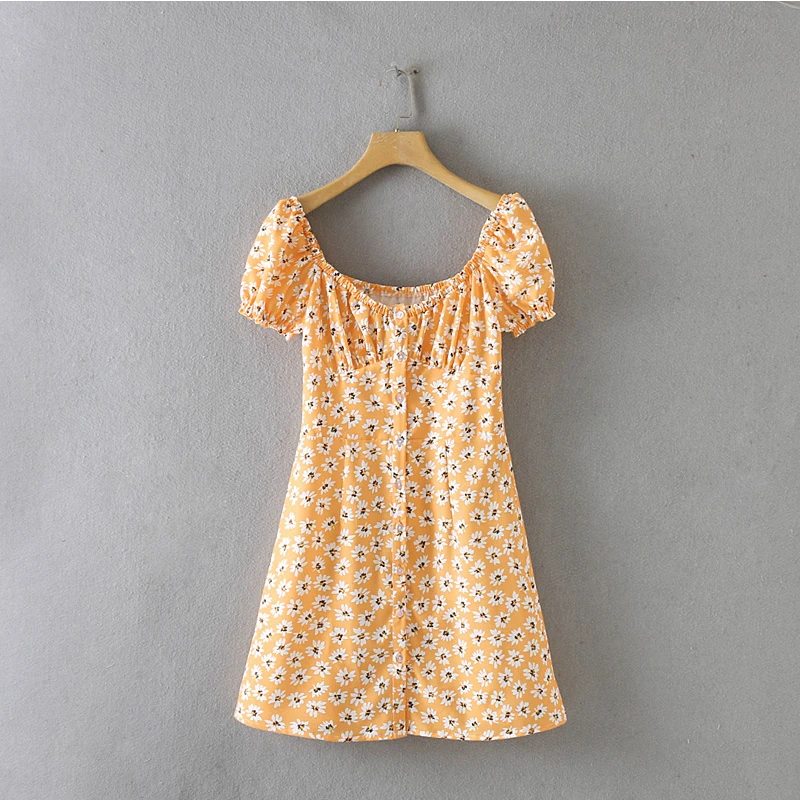 Women's Clothing Dress Summer 2019 Polyester One-Neck Daisy Print Puff Sleeve Dress Ms Street Sexy Slim Fit Temperament Clothing