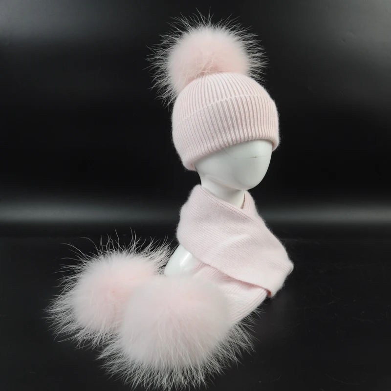 Kids Hat and Scarf Set New Fashion Children's Knit Beanie Hat Scarf Set Real Raccoon Fur Pom Pom Soft Baby and
