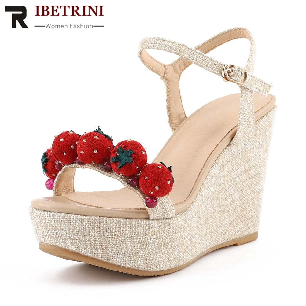 

RIBETRINI New Big Size 33-40 Sweet Strawberry Ladies Wedges High Heels Shoes Woman Casual Party Sexy Summer Sandals 2019