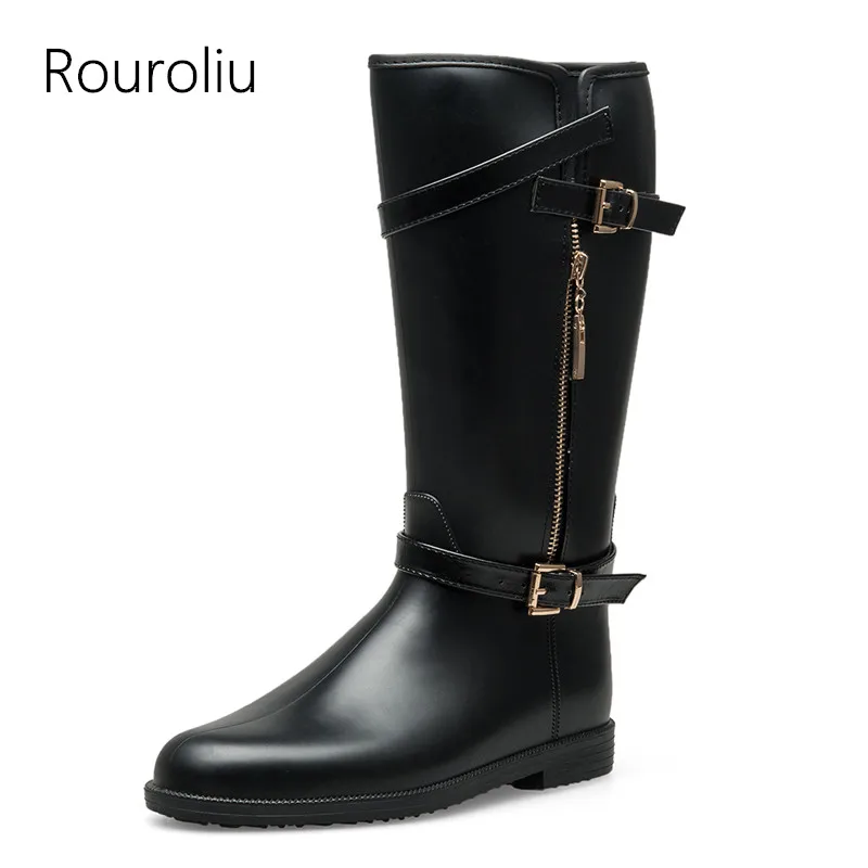 

Rouroliu Spring Autumn Double Buckles Rain Boots Side Zipper Tall Rainboots Leather Style Waterproof Water Shoes Woman TR223